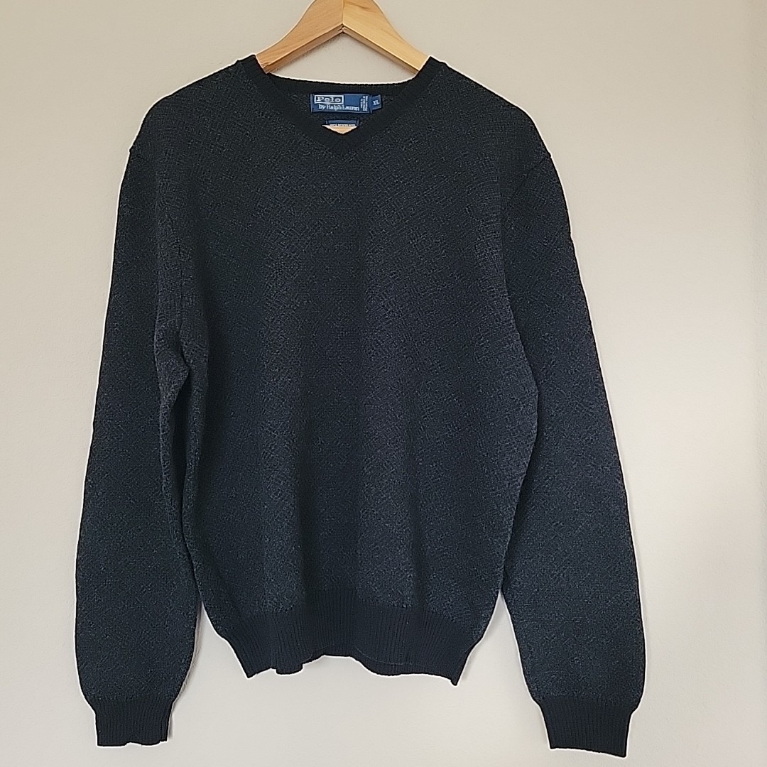 Vintage Polo Ralph Lauren 109% Merino Wool V Neck Sweater Mens Size Xl Black 90s